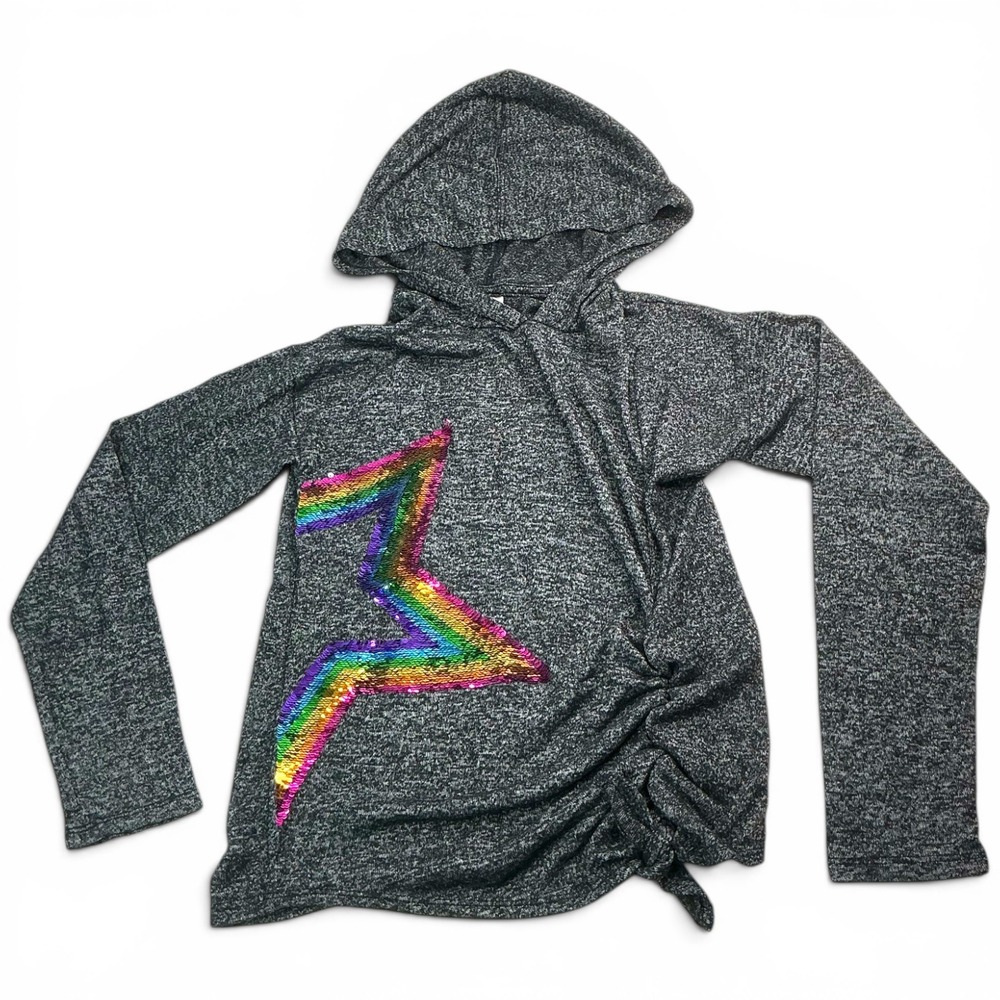 Member's Mark Black Sequin Hoodie Kids 10/12 Rainbow Bolt Side Tie Cozy Top